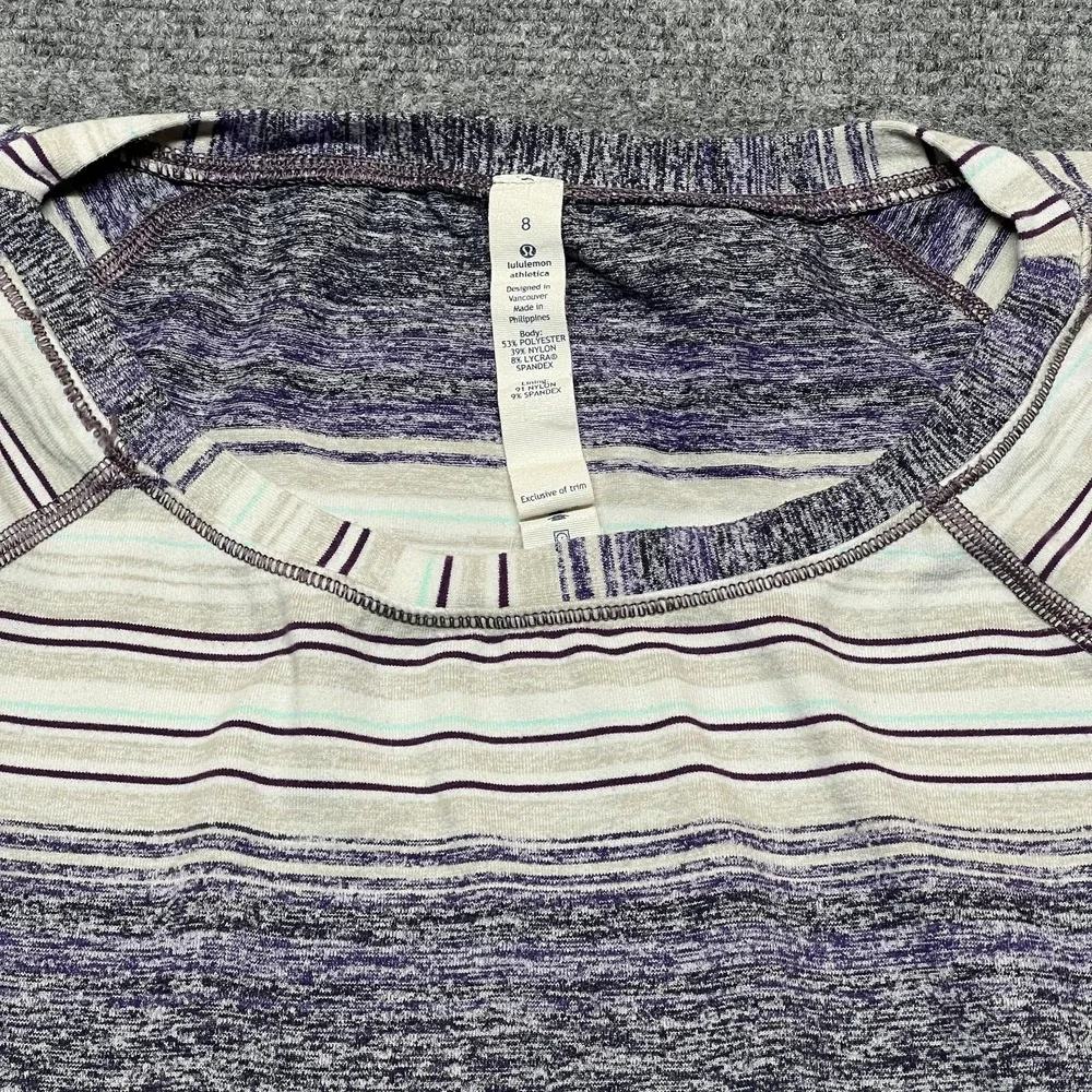 Lululemon Shirt Womens 8 Purple Stripe Long Sleeve Crew Raglan Yoga Athletic Top